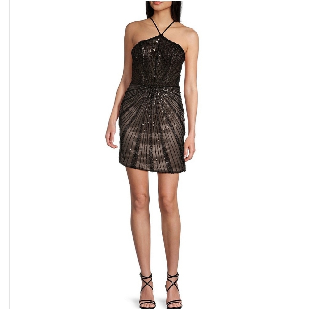 Giani Bernini Black Sequin/ Beaded Halter Mini Dress Junior Sz 3 NWT
